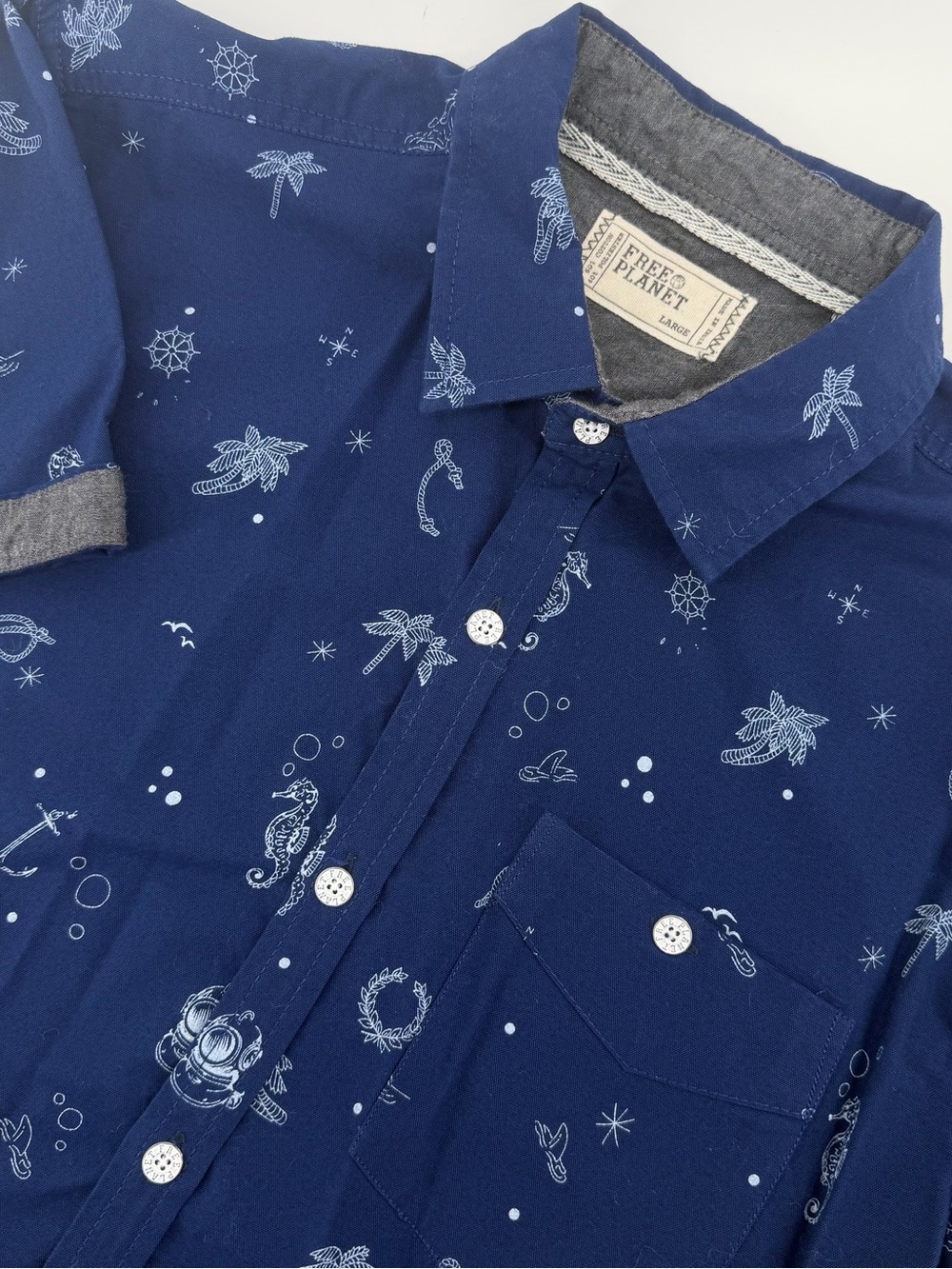 Free Planet Navy Blue Nautical Print Button Down Large Short Sleeve Men’s